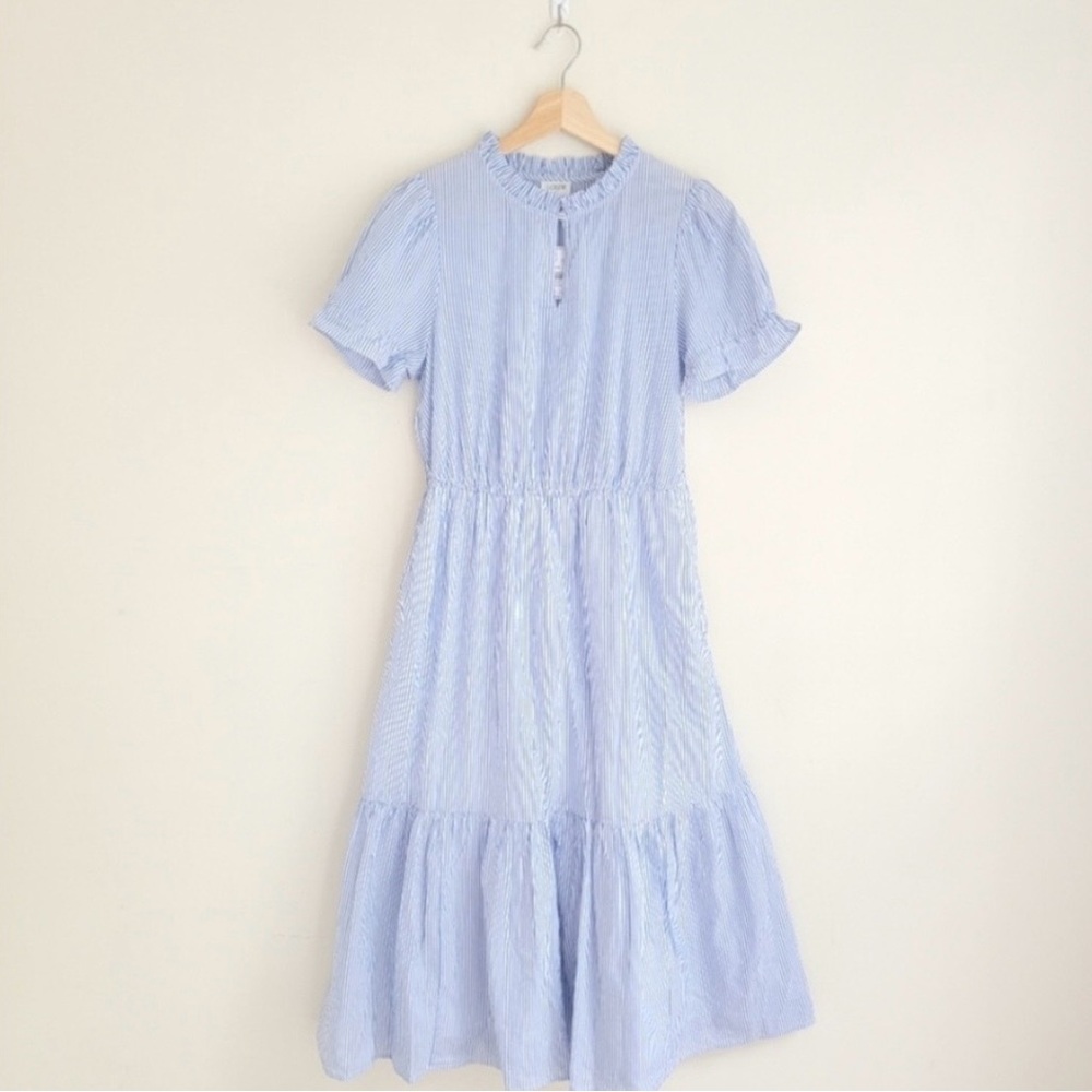100% Cotton Victorian Coastal Ruffle Blue Pinstripe Midi Dress